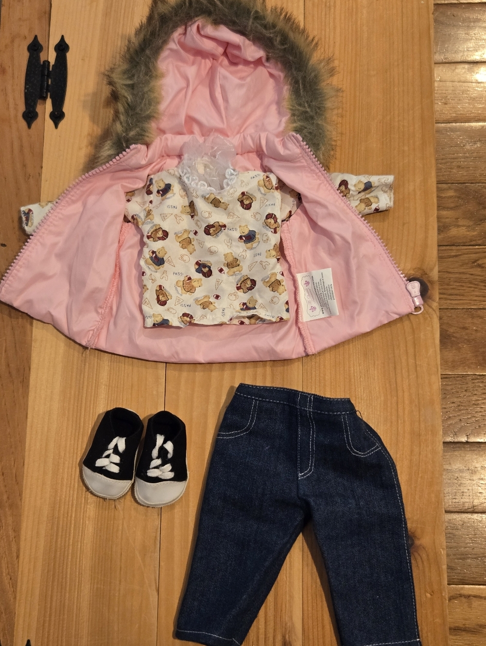 18" Doll Outfit-Pink Fur-Trim Hooded Doll Coat with Denim Pants & Black Sneakers